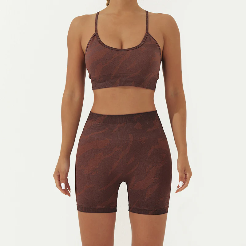 Buddha Stones 2Pcs Camo Print Backless Criss-Cross Strap Top Bra Shorts Leggings Pants Fitness Yoga Outfit Set