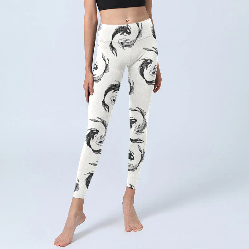 Buddha Stones YinYang Koi Fish Pattern Print Gym Leggings Women's Yoga Pants