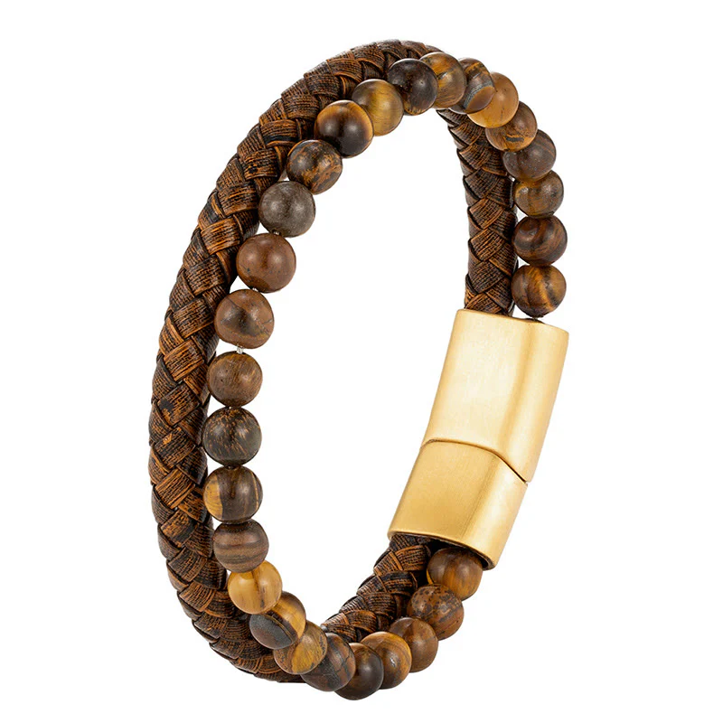 Buddha Stones Multi-layer Woven Tiger Eye Stone Beads Leather Titanium Steel Strength Buckle Bracelet