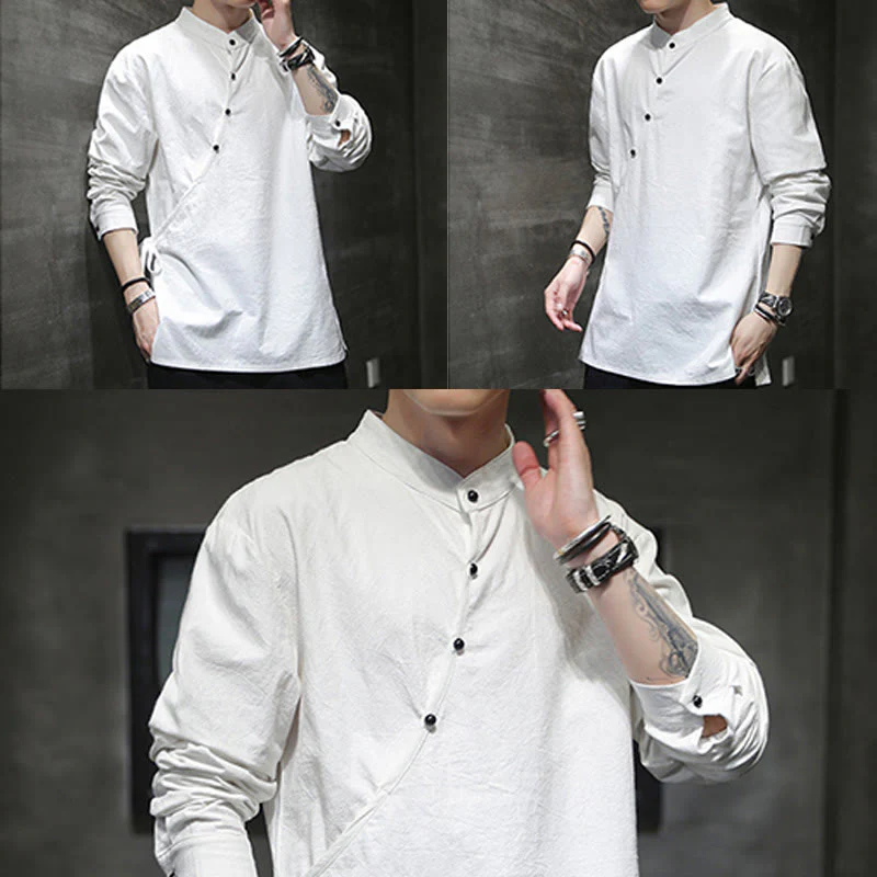 Buddha Stones Plain Lace-Up Simple Button Design Men's Long Sleeve Cotton Linen Shirt Clothing