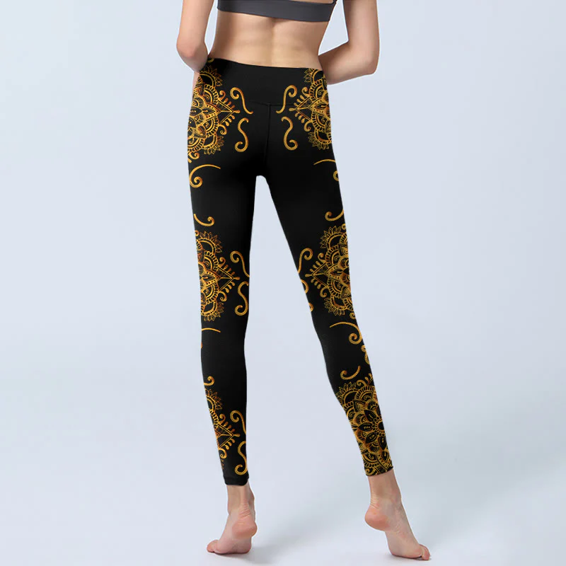Buddha Stones Golden Mandala Flowers Print Gym Leggings Women's Yoga Pants
