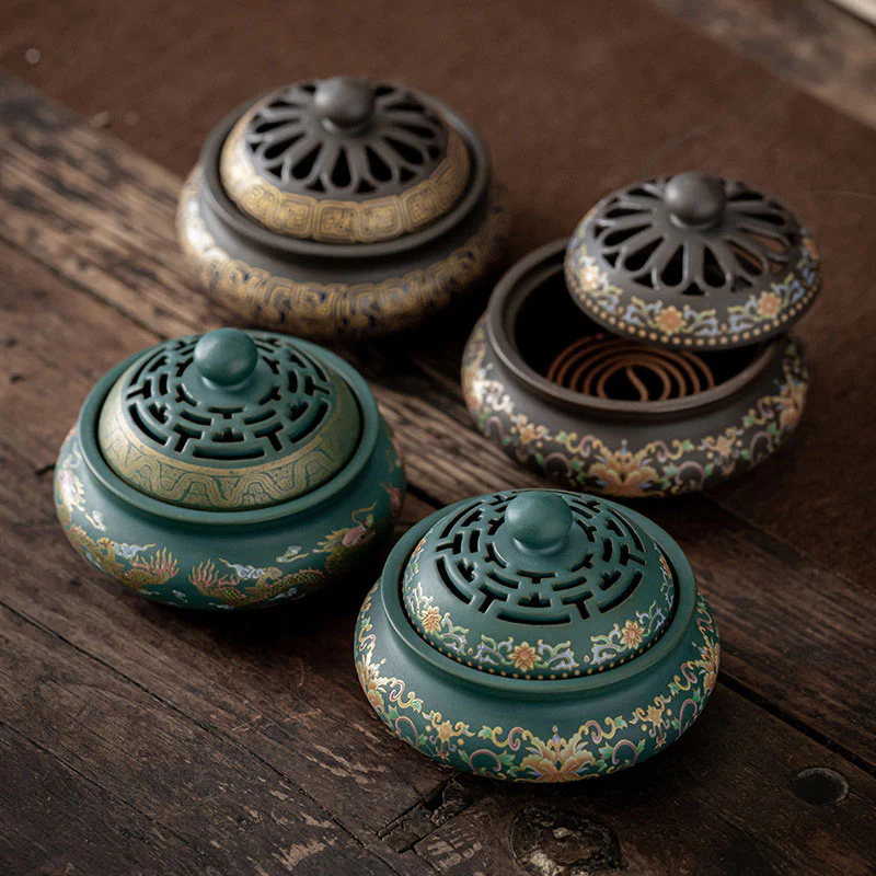Buddha Stones Dragon Floral Pattern Backflow Smoke Fountain Ceramic Meditation Incense Burner Decoration