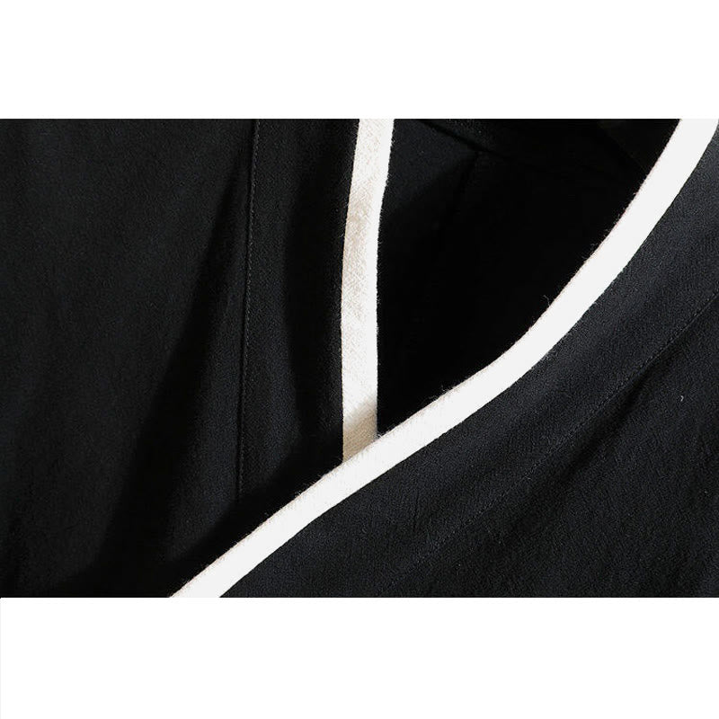 Buddha Stones Tang Suit Embroidery Crane Pattern Lace-Up Side Men's Cotton Linen T-Shirt