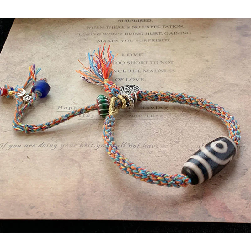 Buddha Stones Tibetan 925 Sterling Silver Om Mani Padme Hum Handmade Dzi Bead Protection Braid Bracelet