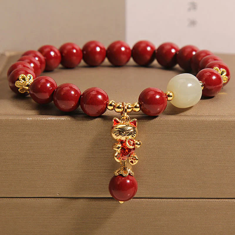 Buddha Stones Natural Lucky Cat Pendant Cinnabar Blessing Bracelet