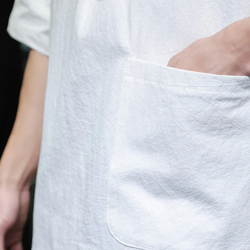 Buddha Stones Commute Plain Half Buttons Design Men's Cotton Linen Shirt With Pocket