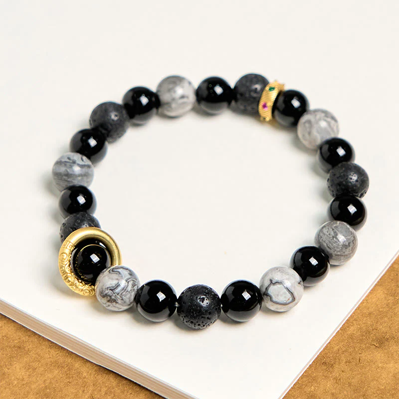 Buddha Stones Lava Rock Black Onyx Picasso Jasper Healing Bracelet