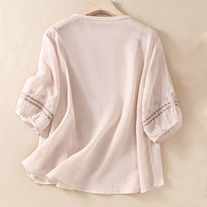 Buddha Stones Women's Crew Neck Hollow Design Half Sleeve Cotton Linen Shirt