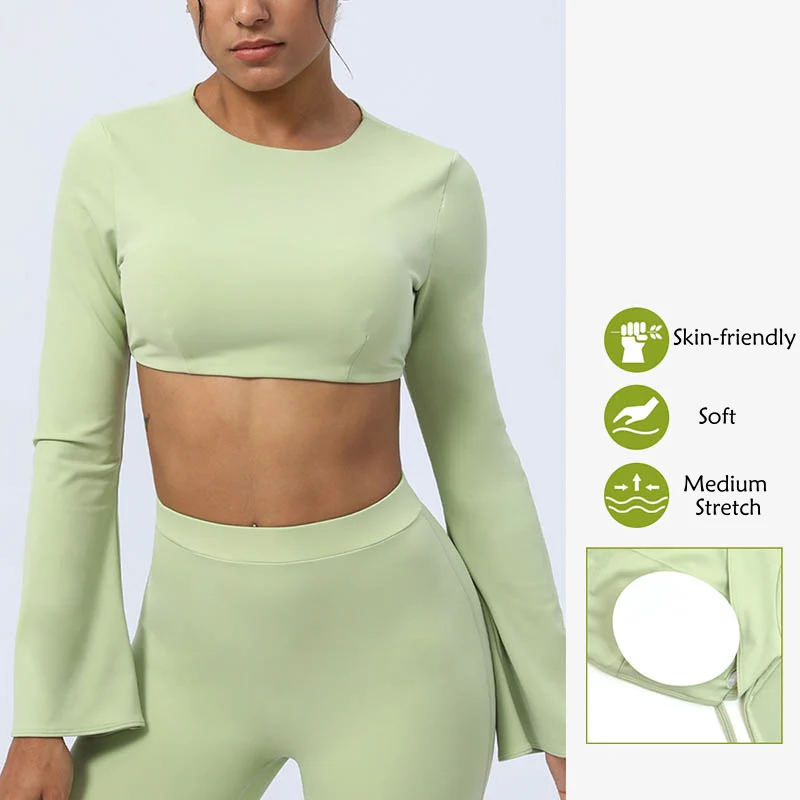 Buddha Stones Long Sleeve Backless Strap Top Bra Flare Pants Fitness Yoga Outfit