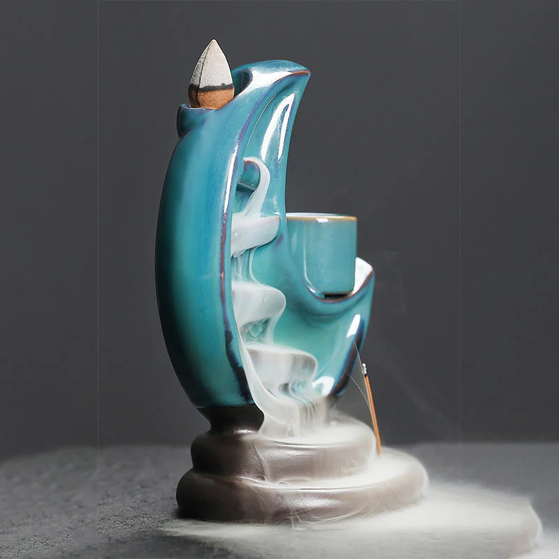 Buddha Stones Blue Crescent Moon Ceramic Backflow Smoke Fountain Meditation Candlestick Incense Burner Decoration