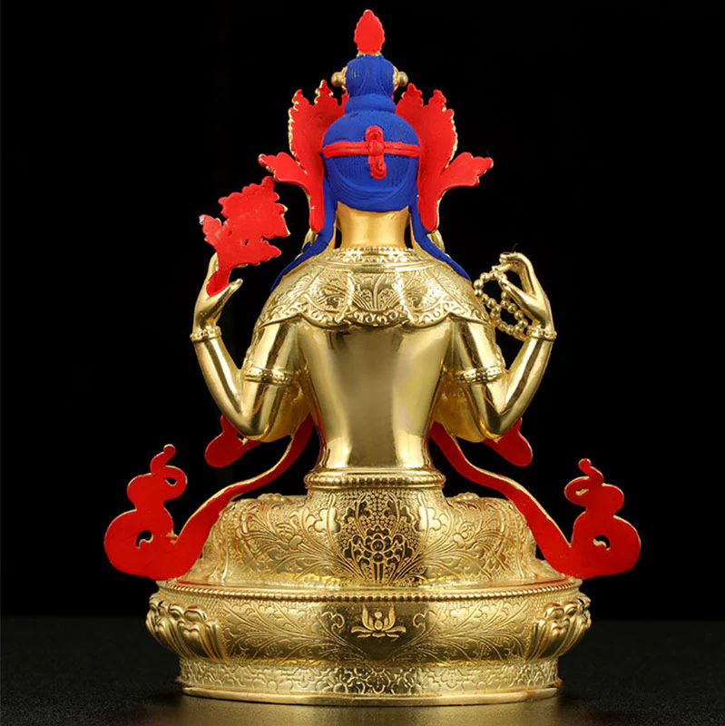Buddha Stones Chenrezig Four-armed Avalokitesvara Protection Copper Gold Plated Statue Decoration