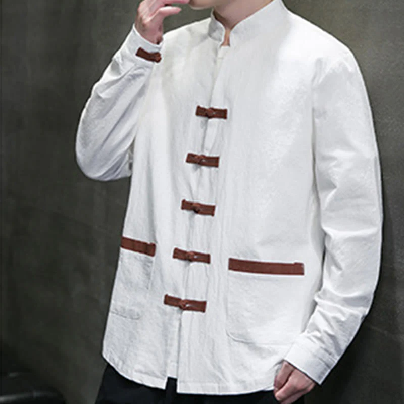 Buddha Stones Men's Stand Collar Frog-button Cotton Linen Long Sleeve Shirt With Pockets