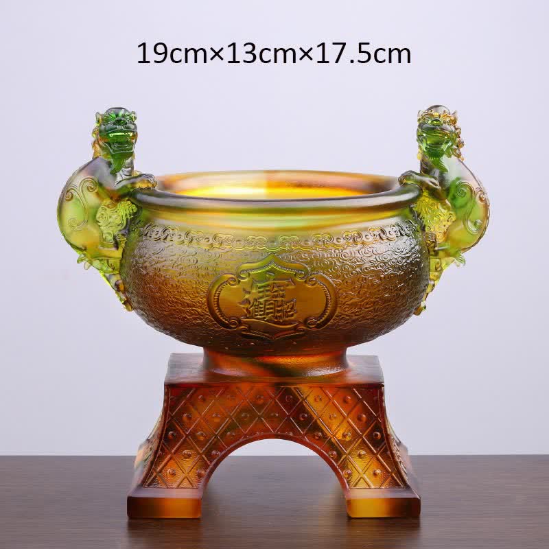 Buddha Stones Handmade Liuli Crystal PiXiu Treasure Bowl Art Piece Home Decoration