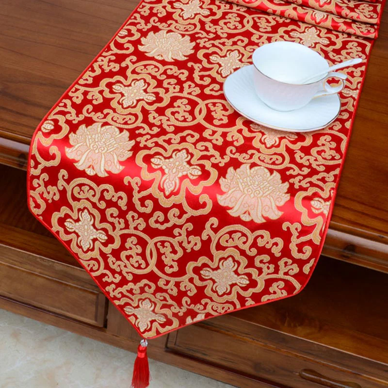 Buddha Stones Prayer Altar Flower Vajra Dragon Pattern Tibetan Auspicious Symbols Tassels Jacquard Table Runner