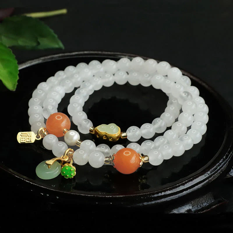 Buddha Stones Natural White Jade Multi-layer Gourd Peace Buckle Fu Character Luck Bracelet