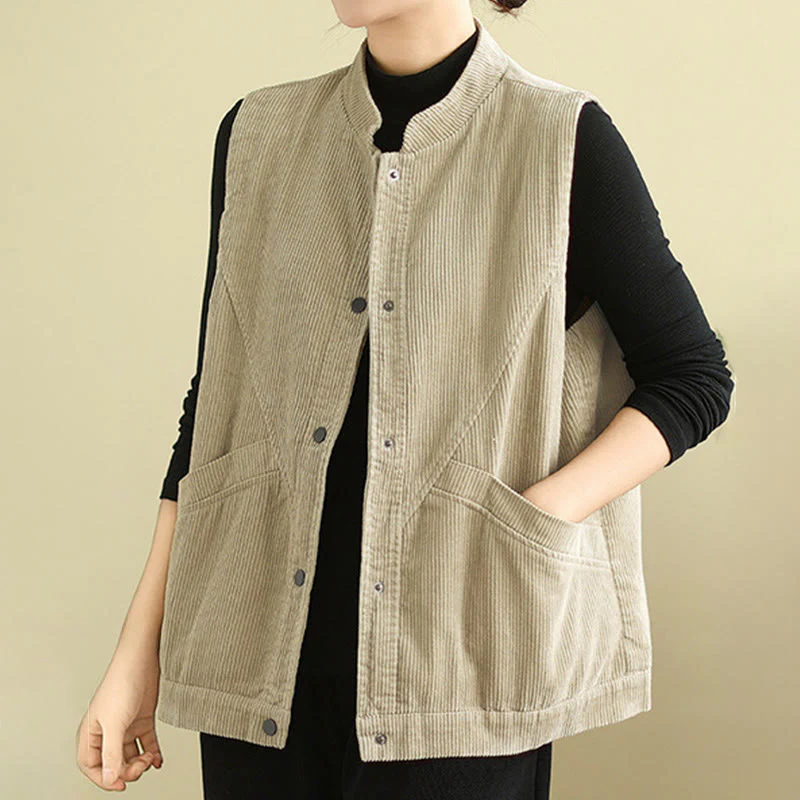 Buddha Stones Plain Sleeveless Women's Cotton Vest Corduroy Waistcoat With Pockets
