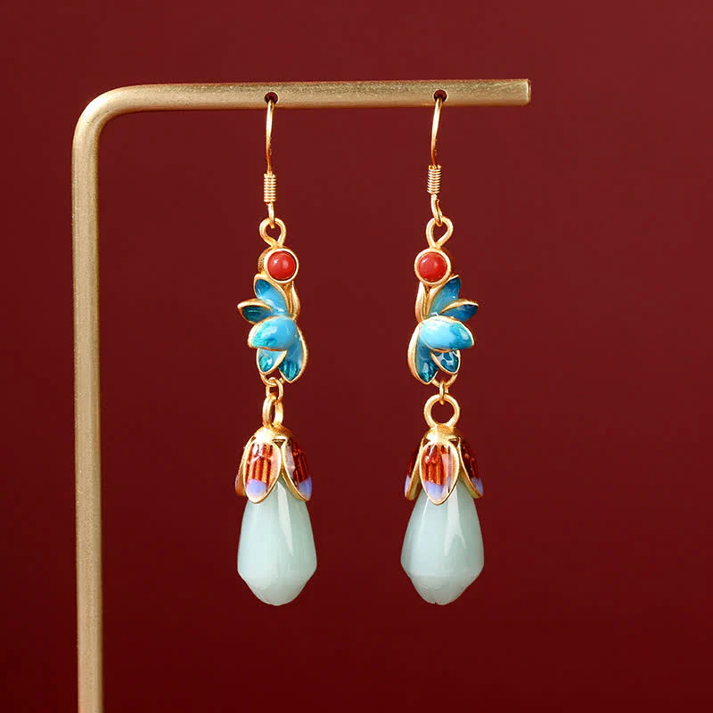 Buddha Stones Magnolia Flower Jade Pattern Luck Prosperity Drop Dangle Earrings
