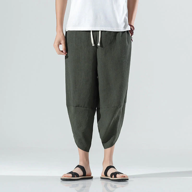 Buddha Stones Plain Simple Design Drawstring 7-8 Length Linen Men's Harem Pants With Pockets