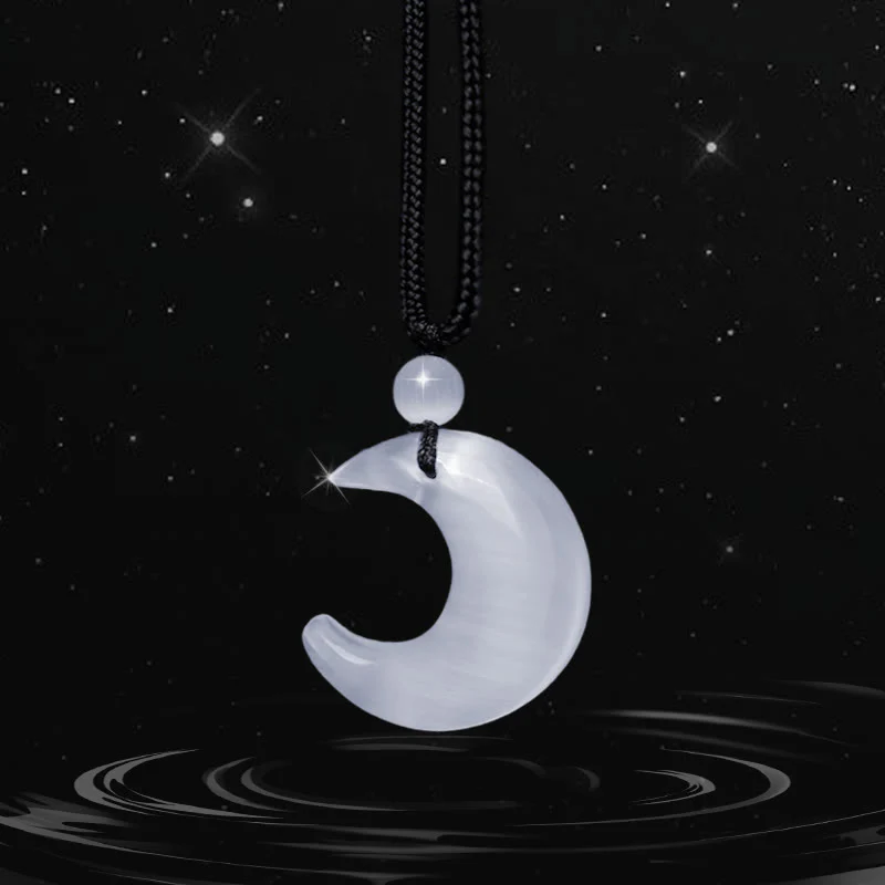 Buddha Stones Natural Silver Sheen Obsidian Selenite Crystal Crescent Moon Yin Yang Couple Protection Necklace Pendant