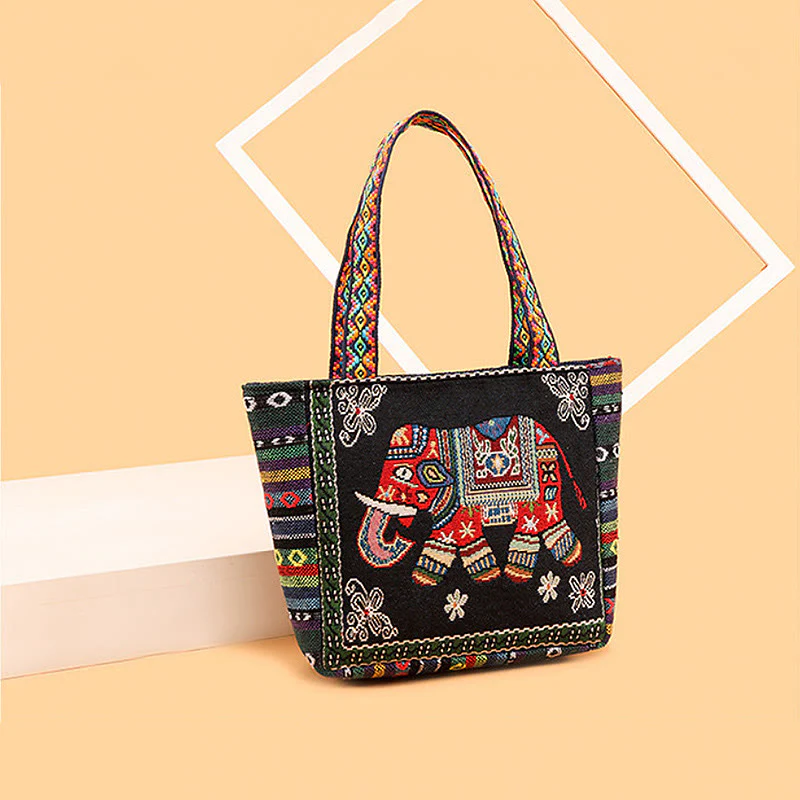Buddha Stones Elephant Butterfly Embroidered Large Capacity Canvas Tote Bag Shoulder Bag
