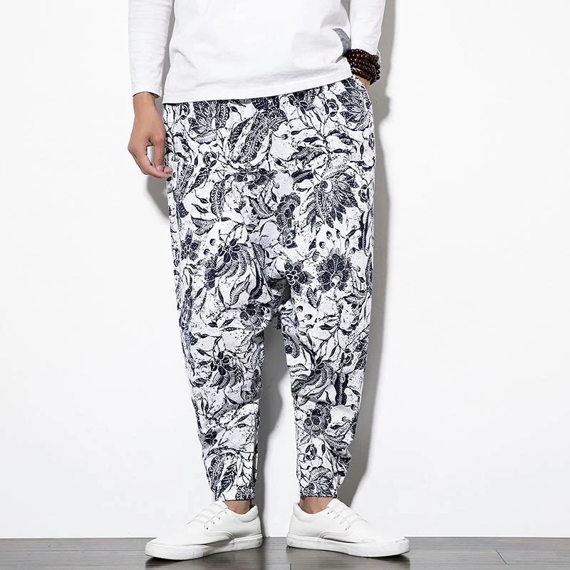 Buddha Stones Leaves Vine Print Cotton Men's Long Cropped Harem Pants With Pockets