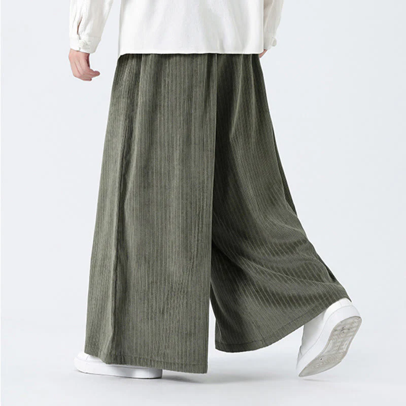 Buddha Stones Casual Embroidery Drawstring Design Men's Corduroy Wide Leg Pants With Pockets