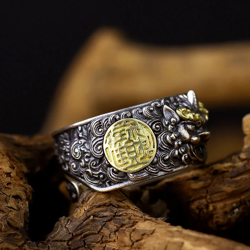 Buddha Stones 925 Sterling Silver PiXiu Copper Coin Brass Wealth Luck Adjustable Ring