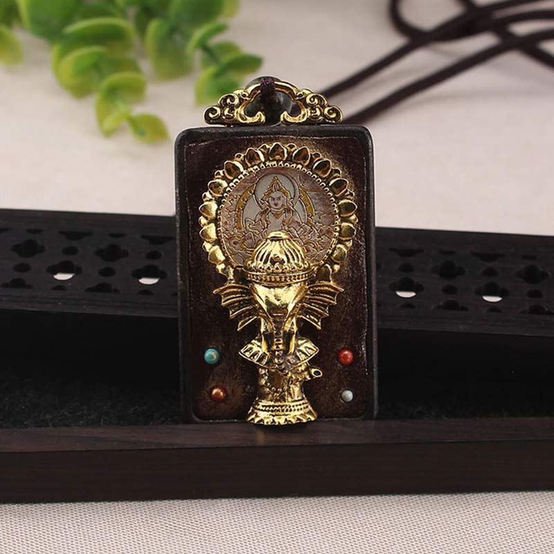 Buddha Stones Ebony Wood Elephant God of Fortune Buddha Blessing Necklace String Pendant
