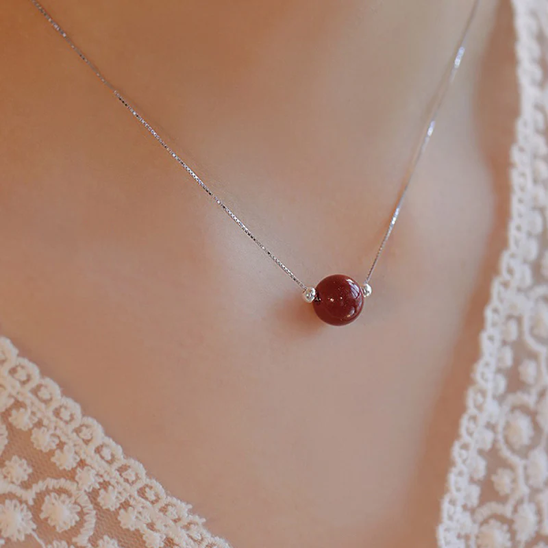 Buddha Stones 925 Sterling Silver Cinnabar Bead Calm Blessing Necklace Pendant