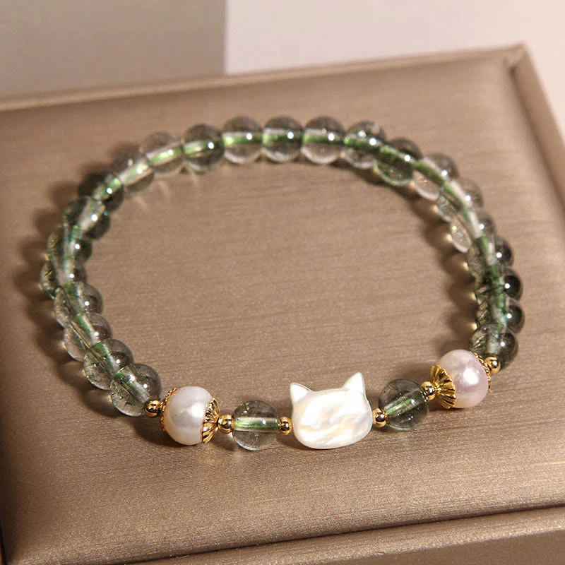 Buddha Stones Natural Green Phantom Pearl Shell Cat Head Lucky Bracelet