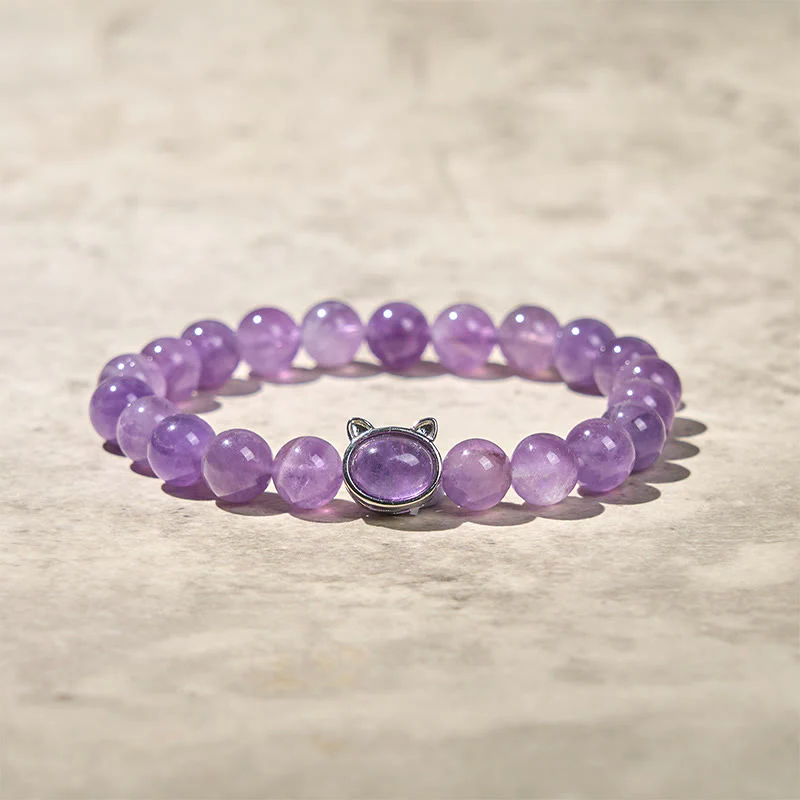 Buddha Stones Natural Amethyst Bead Cute Cat Healing Bracelet