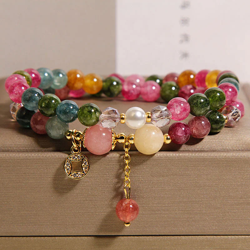Buddha Stones Tourmaline Purple Jade Aquamarine Jade Copper Coin Positive Double Wrap Bracelet