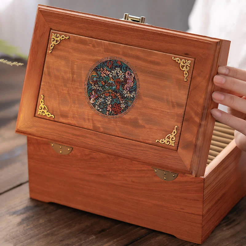 Buddha Stones Antique Handmade Rosewood Jewelry Storage Box Lockable Large Double Layer Flower Wooden Gift Organizer Box