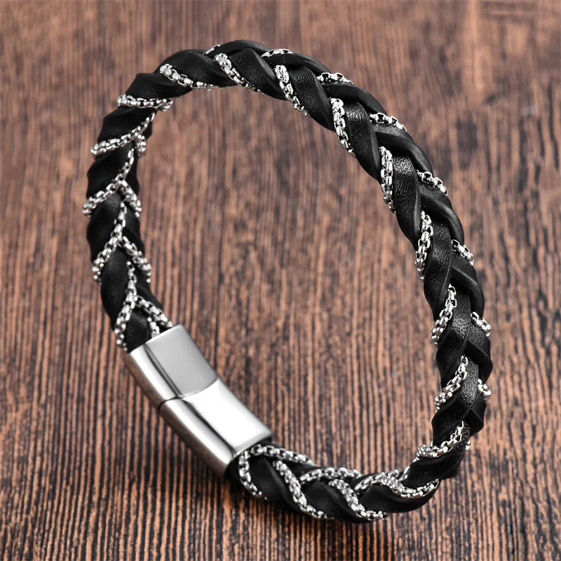 Buddha Stones Simple Design Titanium Steel Calm Braided Leather Buckle Bracelet