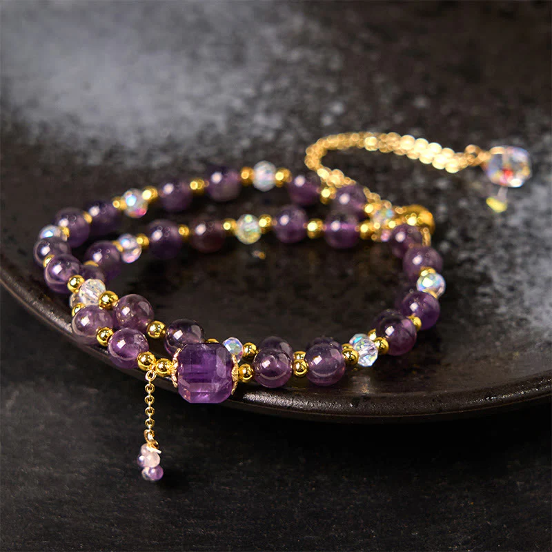 Buddha Stones Natural Amethyst Square Bead Meditation Healing Double Wrap Bracelet