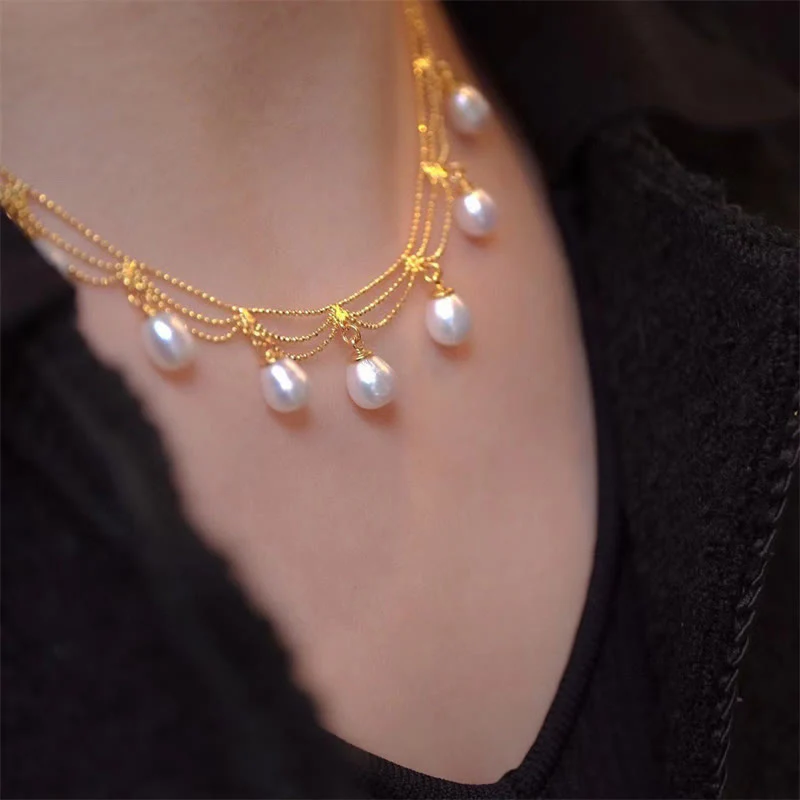 Buddha Stones Vintage 14K Gold Plated Pearl Bead Healing Multilayer Necklace Pendant