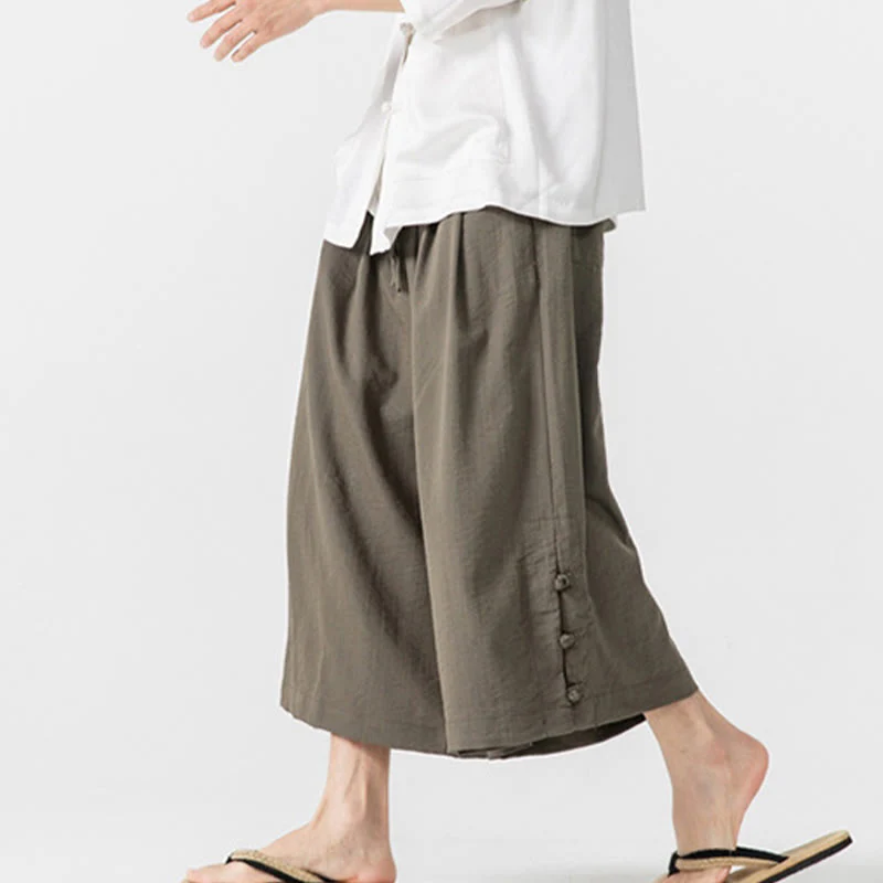 Buddha Stones Casual Loose Frog-Button Plain Men's Cotton 7-8 Length Wide Leg Pants With Pockets