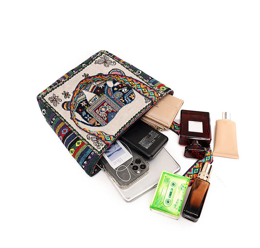 Buddha Stones Elephant Butterfly Embroidered Large Capacity Canvas Tote Bag Shoulder Bag