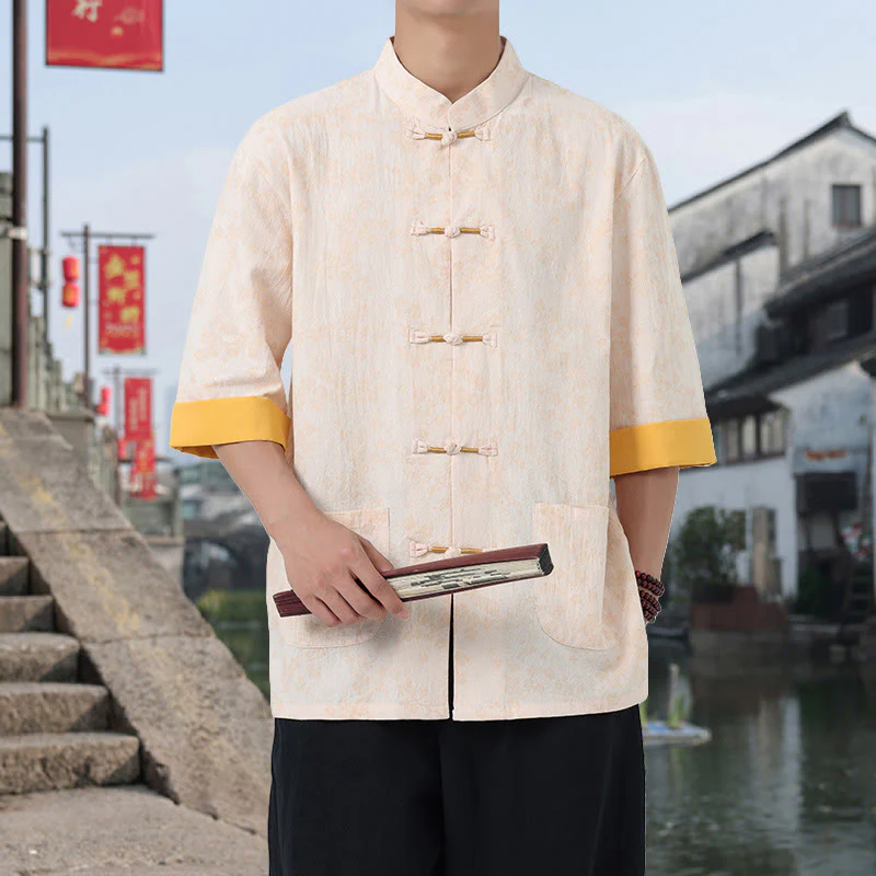 Buddha Stones Retro Printing Flower Pattern Frog-Button Design Stand Collar Men's Half Sleeve Cotton Shirt With Pockets