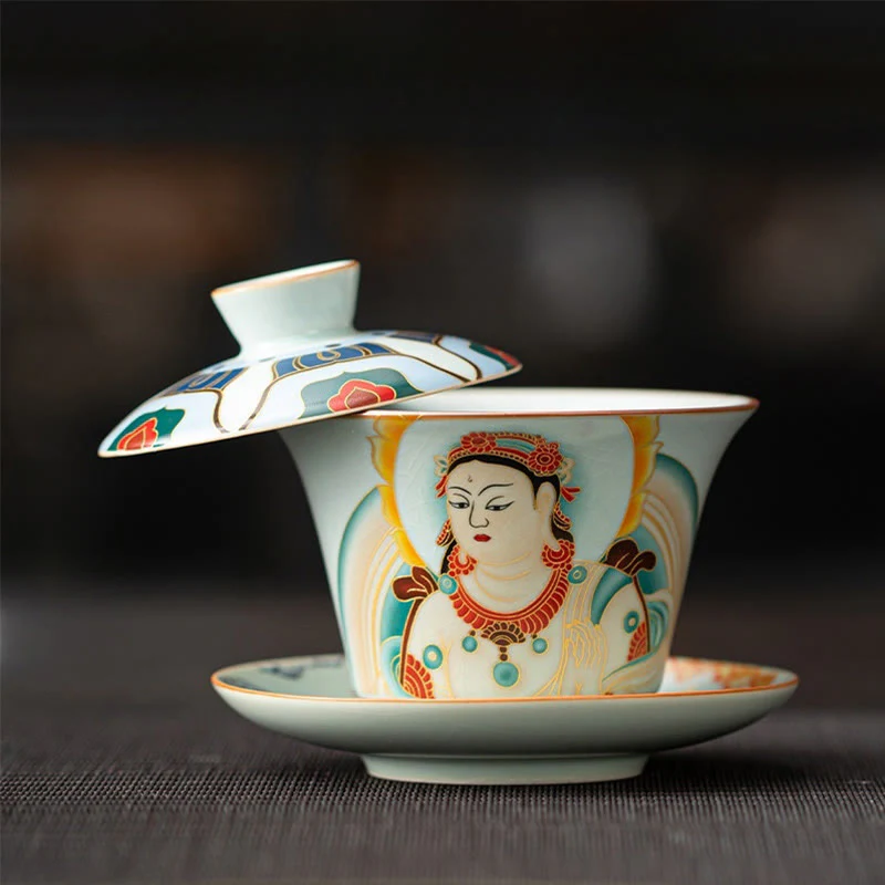 Buddha Stones Thangka Dragon Buddhas Dunhuang Ceramic Gaiwan Sancai Kung Fu Tea Cup And Saucer With Lid Gift Box 180ml
