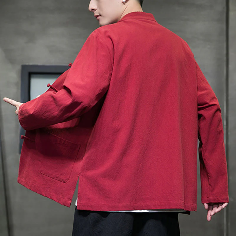 Buddha Stones Simple Frog-Button Chinese Tang Suit Cotton Men Jacket Shirt With Pockets