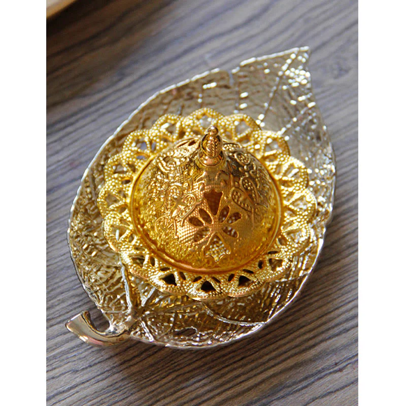 Buddha Stones Tibetan Gold Mini Leaf Coaster Meditation Incense Burner