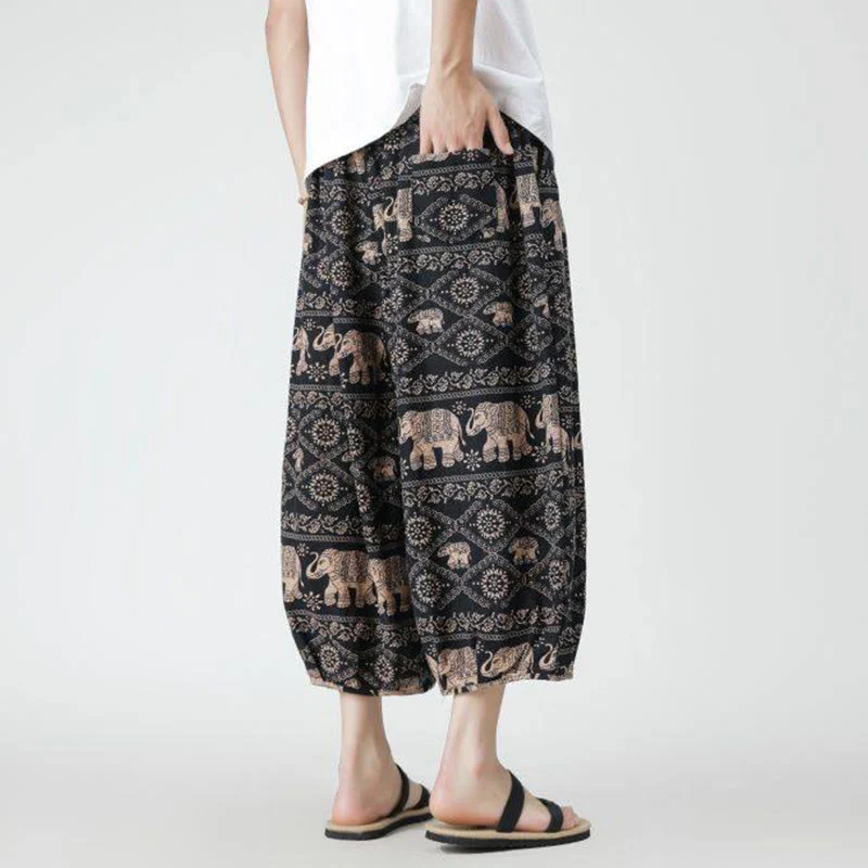 Buddha Stones Summer Square Patchwork Elephant Mandala Geometry Cotton Linen Men's 7-8 Length Pants With Pockets