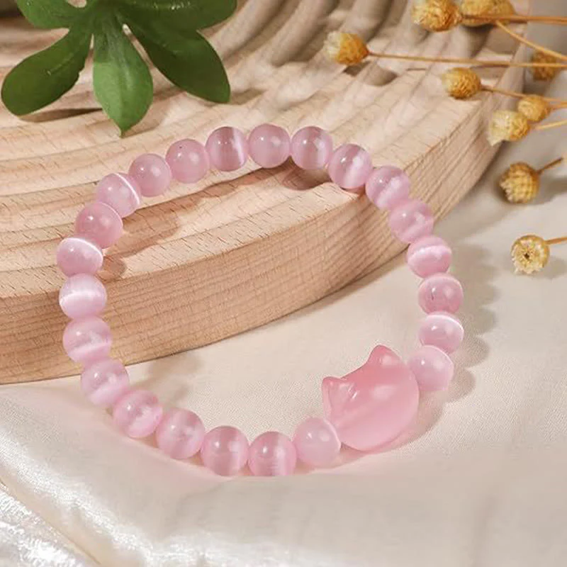 Buddha Stones Lovely Cat Head Pink Cat's Eye White Cat's Eye Spiritual Beads Bracelet
