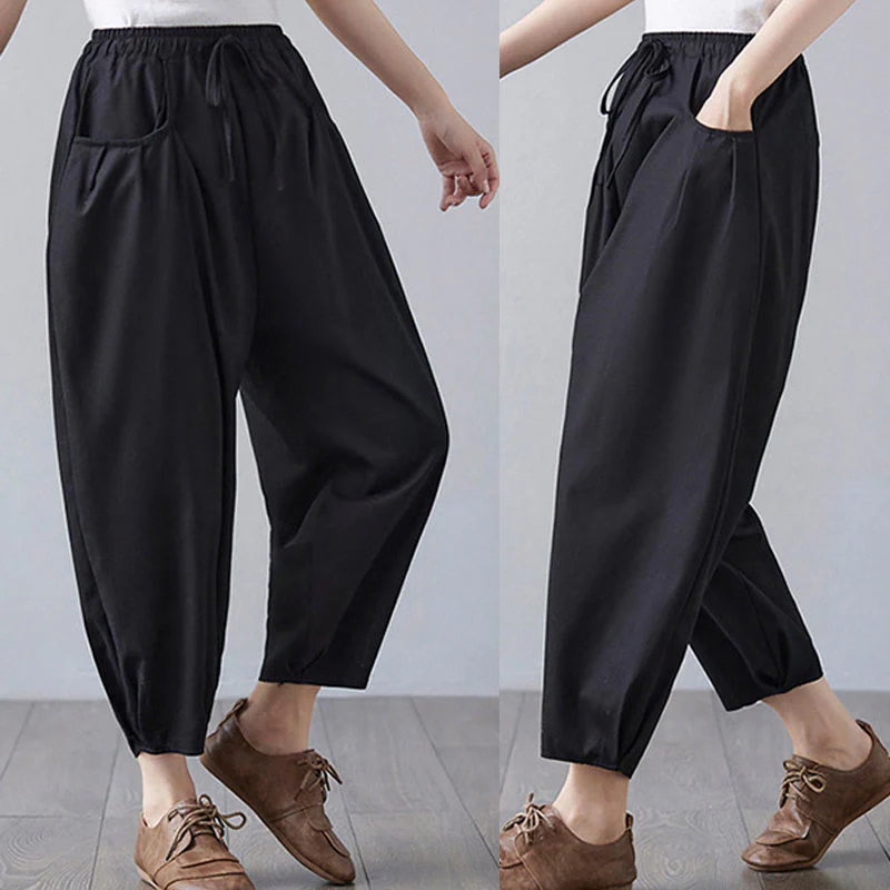 Buddha Stones Summer Plain Cropped Pants Women's Cotton Linen Harem Pants With Pockets