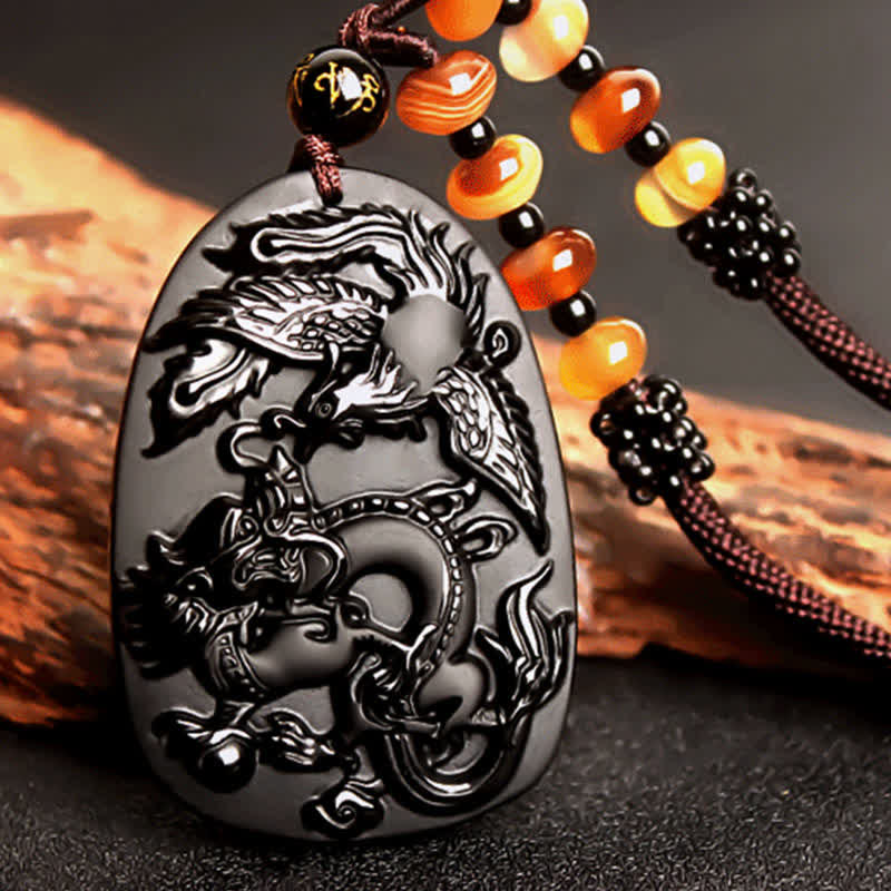 Buddha Stones Black Obsidian Tiger Eye Dragon Phoenix Protection Beaded Necklace Pendant