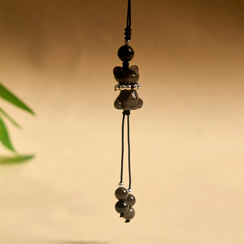Buddha Stone Natural Silver Sheen Obsidian Noble Kitten Cat Soothing Phone Hanging Decoration