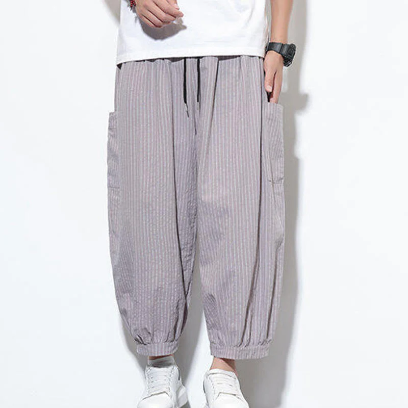 Buddha Stones Casual Striped Men's Cotton 7-8 Length Harem Pants With Pockets