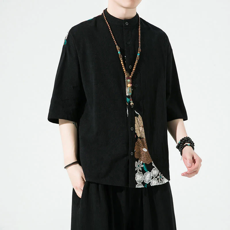 Buddha Stones Embroidery Patchwork Simple Design Three Quarter Sleeve Men's Cotton Linen Shirt