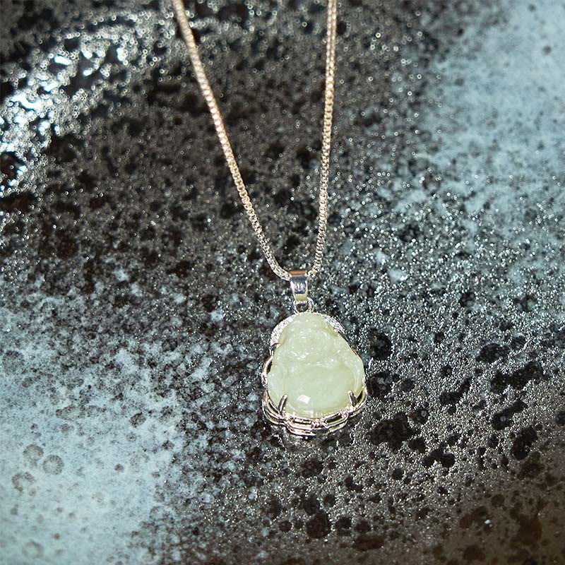 Buddha Stones Natural Hetian Jade Laughing Buddha Abundance Necklace Pendant